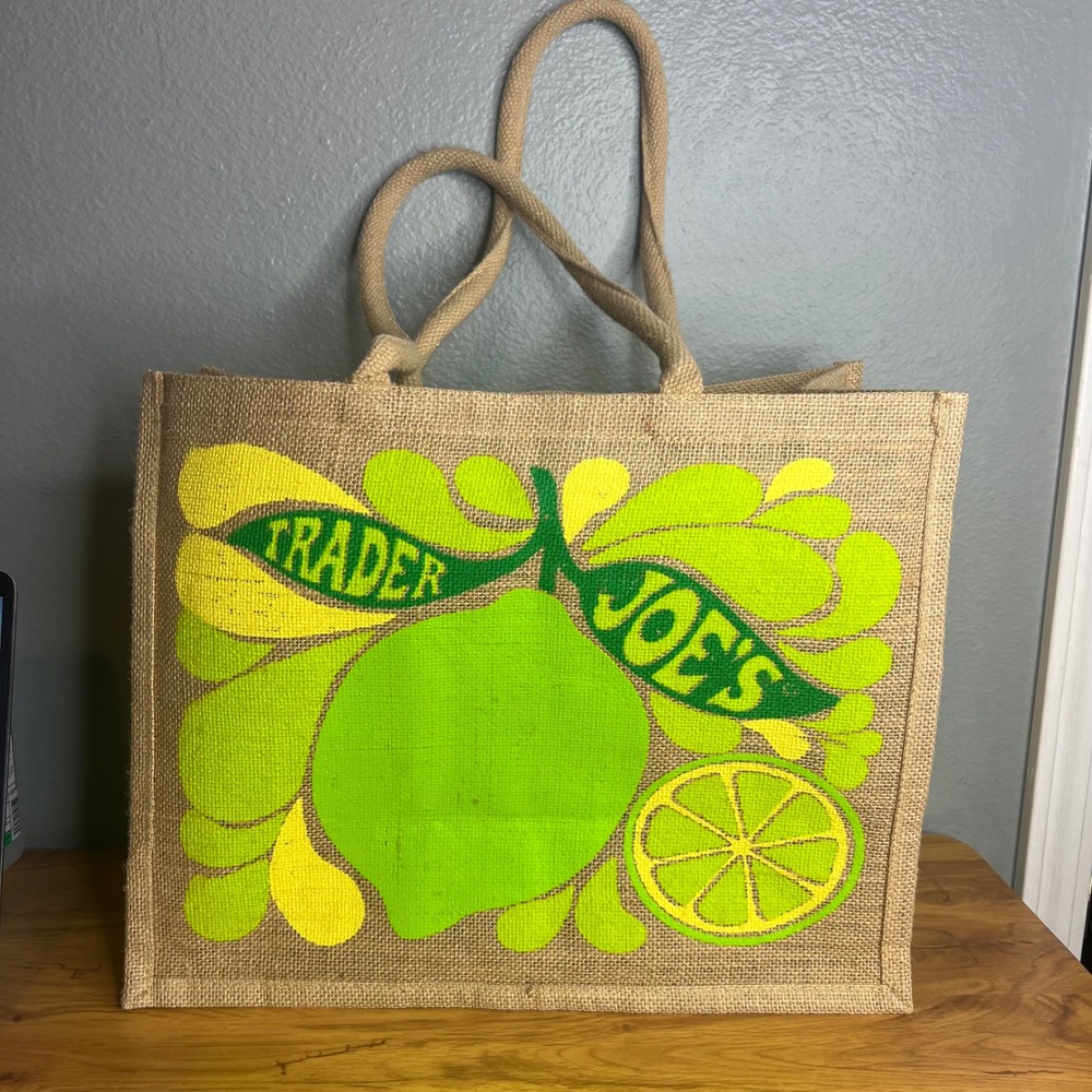 Trader Joes Jute Tote Bag Lemon Lime Design Reusable Boho Burlap Retired Citrus